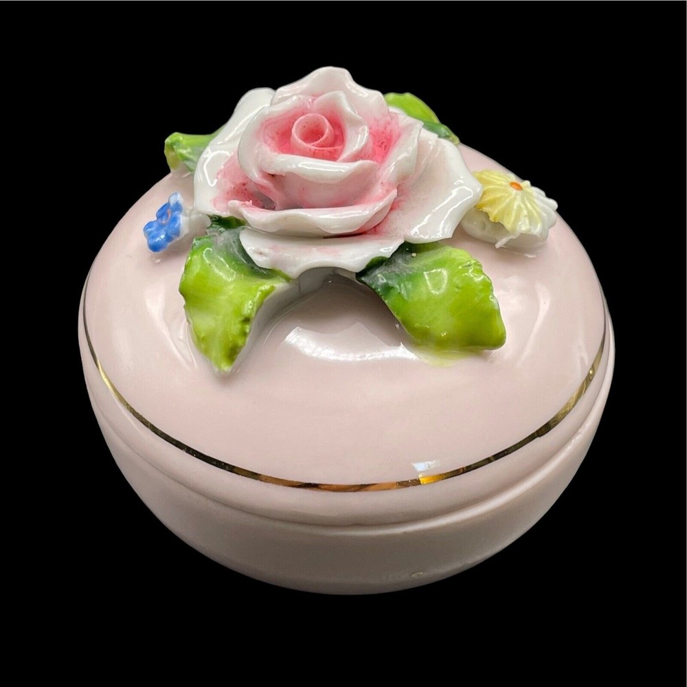 Elfinware Germany Vintage Pre 1945 Trinket Box Pink Gilt Round Rose Flowers